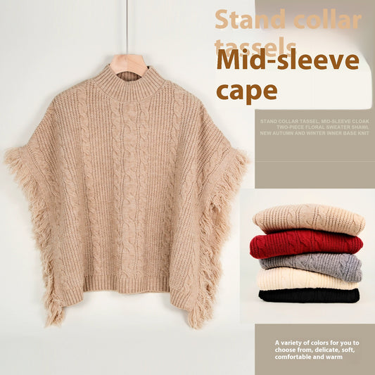 Semi-high Stand Collar Knitted Wool Tassel Half Sleeve Cape