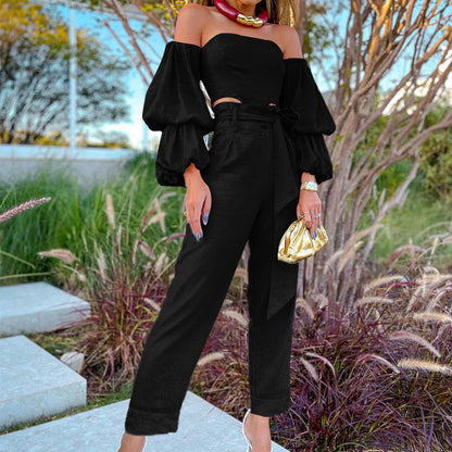Solid Color Cotton And Linen Off-shoulder Top Casual Pants Suit