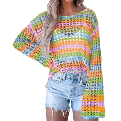 Patchwork Loose Mixed Color Round Neck Striped Sweater
