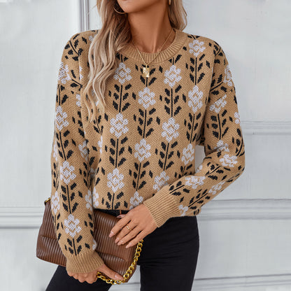 Flower Jacquard Pullover Women's Sweater