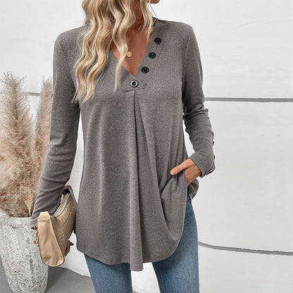 Casual Mid-length V-neck Solid Color Long-sleeve Women's Top