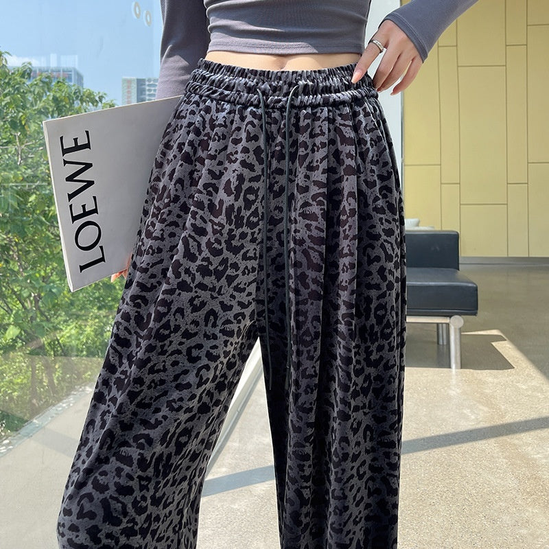 Women's Drawstring Straight Vintage Velvet Leopard Print Wide-leg Pants