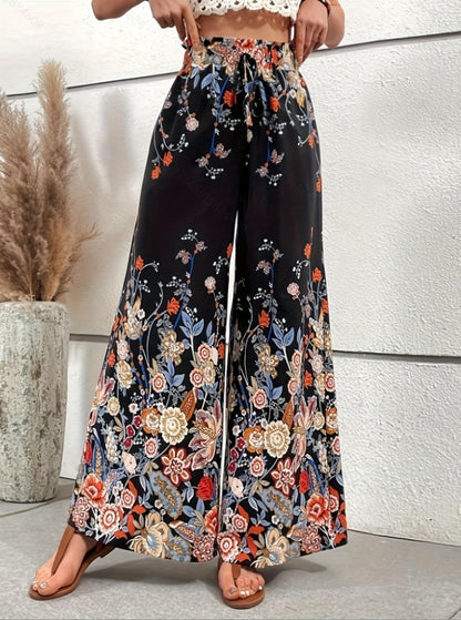Fashionable Printed Loose High Waist Lace-up Wide Leg Trousers
