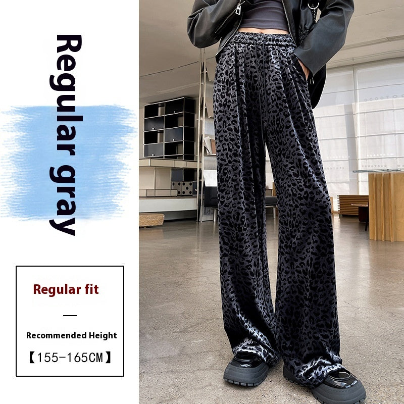 Women's Drawstring Straight Vintage Velvet Leopard Print Wide-leg Pants