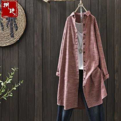 Women's Literary Cotton And Linen Striped Shirt Midi Long Sleeve Plus Size All-match Tops And Skirts