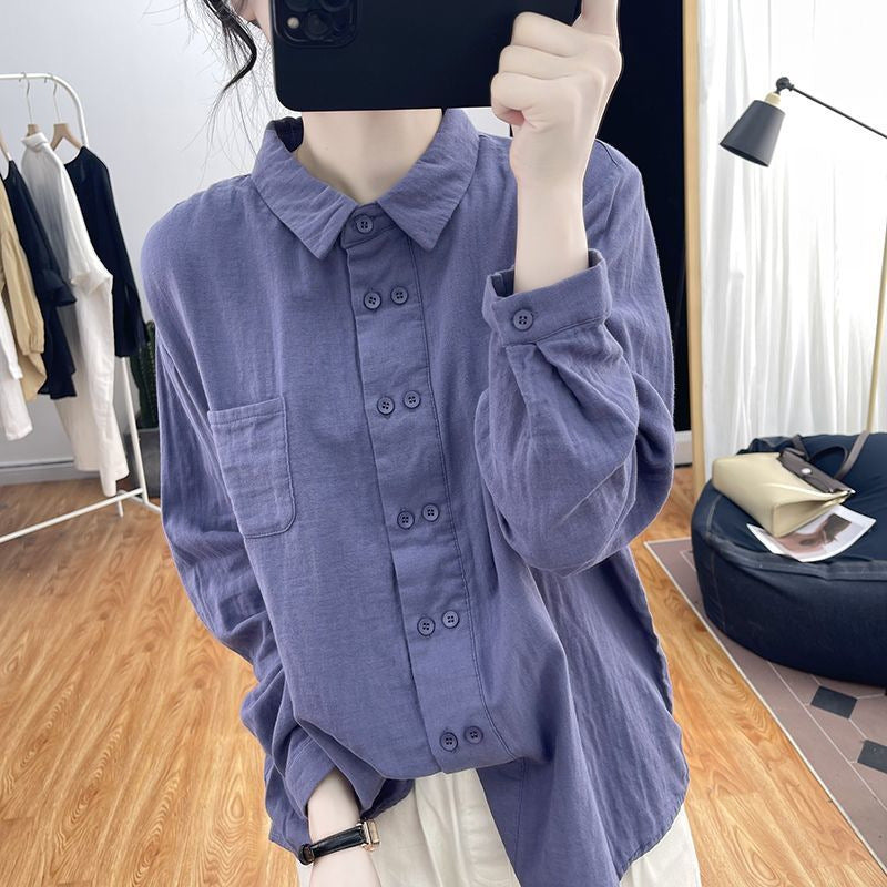 Double-breasted Cotton And Linen Long-sleeved Shirt For Women, Spring And Autumn New Style Polo Collar Inner Top, Loose Design Shirt