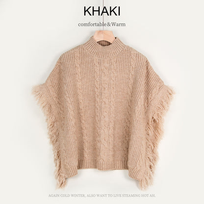 Semi-high Stand Collar Knitted Wool Tassel Half Sleeve Cape