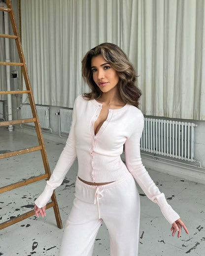 Pure Desire Knitted Slim-fit Buttoned Long Sleeve Low Waist Casual Trousers Two-piece Set