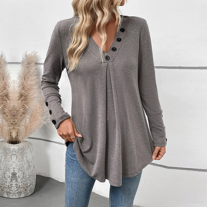 Casual Mid-length V-neck Solid Color Long-sleeve Women's Top