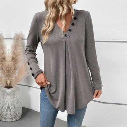 Casual Mid-length V-neck Solid Color Long-sleeve Women's Top