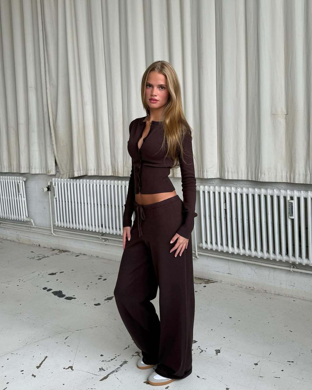 Pure Desire Knitted Slim-fit Buttoned Long Sleeve Low Waist Casual Trousers Two-piece Set