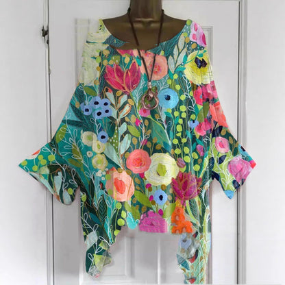 Round Neck Long Sleeve T-shirt Floral Shading Print