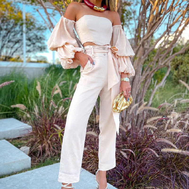 Solid Color Cotton And Linen Off-shoulder Top Casual Pants Suit