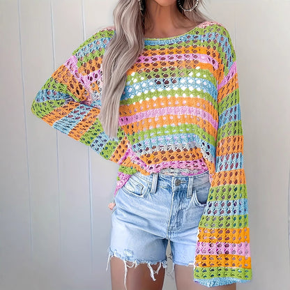 Patchwork Loose Mixed Color Round Neck Striped Sweater
