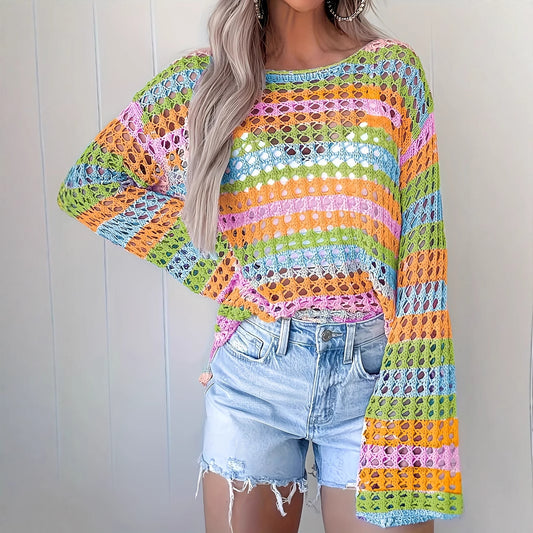 Patchwork Loose Mixed Color Round Neck Striped Sweater