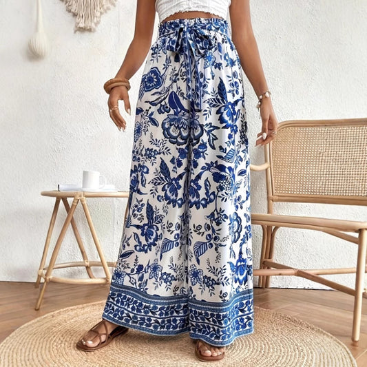 Fashionable Printed Loose High Waist Lace-up Wide Leg Trousers