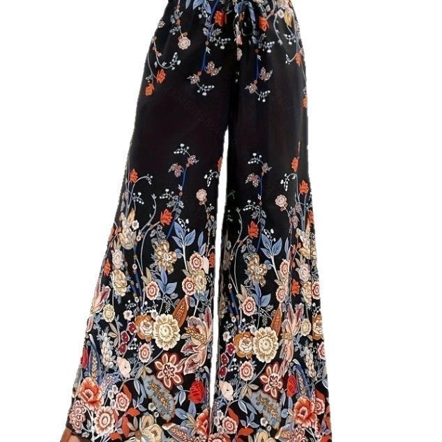 Fashionable Printed Loose High Waist Lace-up Wide Leg Trousers