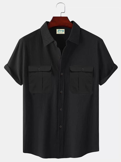 Solid Color Patchwork Linen Cardigan Short Sleeve Loose Lapels Men's Shirt