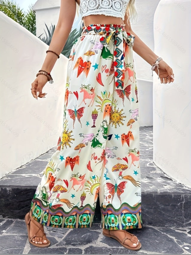 Fashionable Printed Loose High Waist Lace-up Wide Leg Trousers