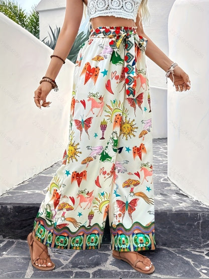 Fashionable Printed Loose High Waist Lace-up Wide Leg Trousers