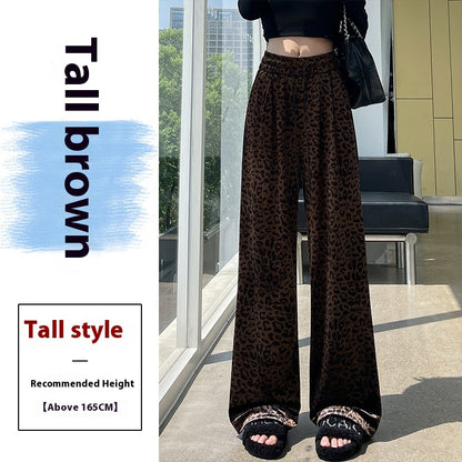 Women's Drawstring Straight Vintage Velvet Leopard Print Wide-leg Pants